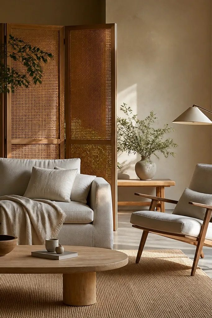 Tall cane screen placed beside a sofa with a rug and small plant