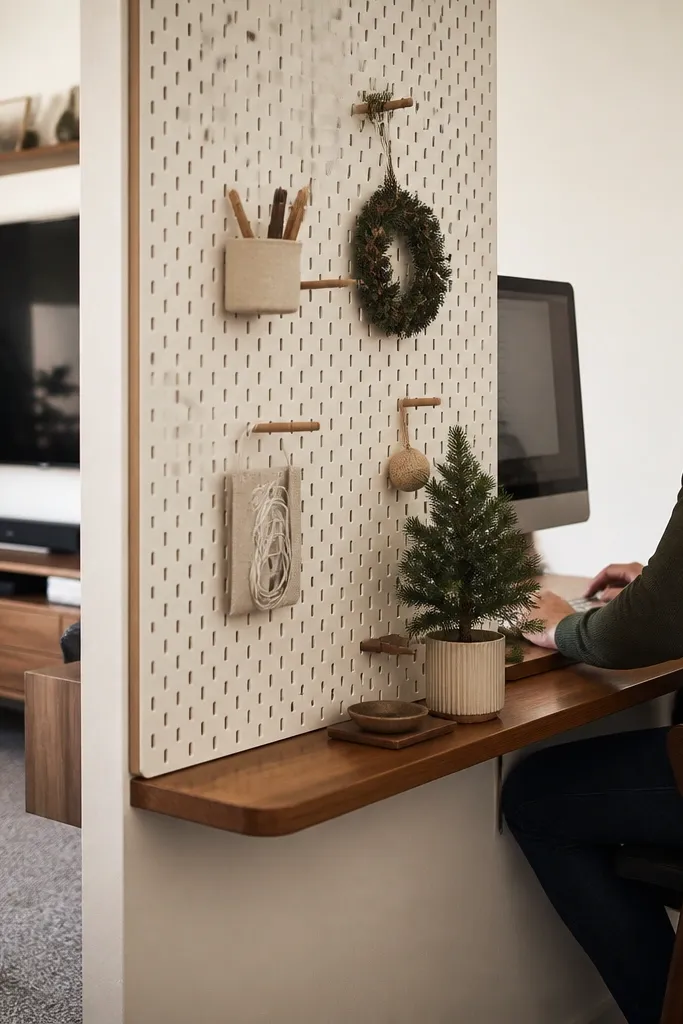 Light wood pegboard panel divider with hooks and small shelves