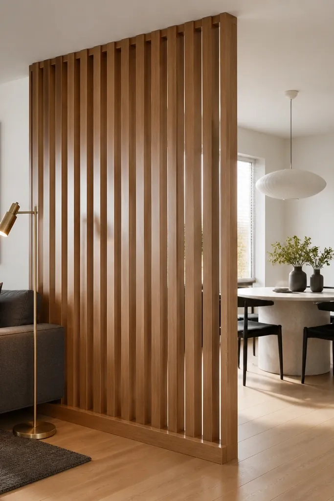 Warm oak slat divider with a narrow gap pattern in front of a living room wall