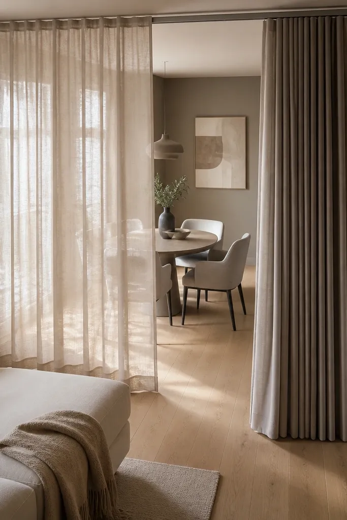 Floor-length sheer curtain divider hanging from a ceiling track behind a sofa