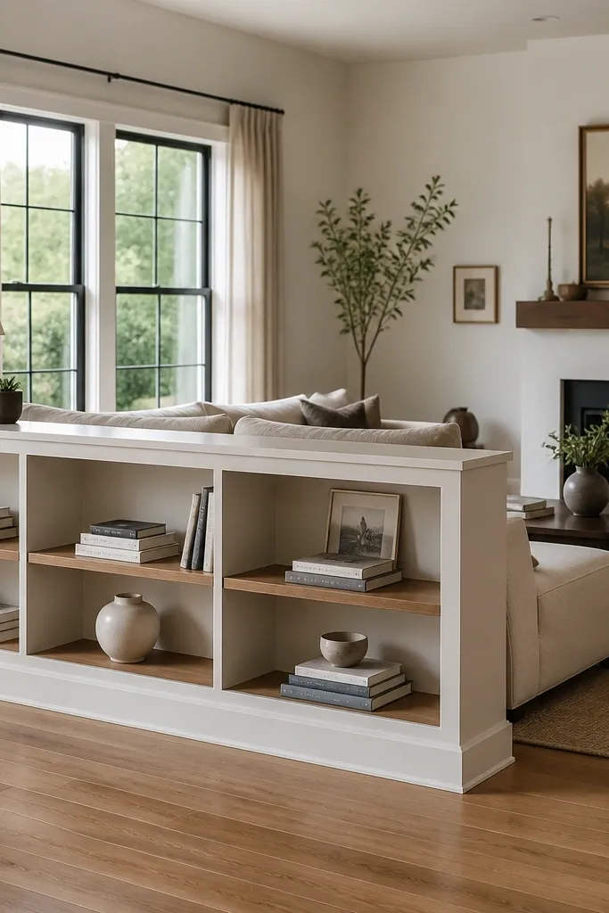 Low bookcase divider with open shelves separating a sofa zone from a reading nook