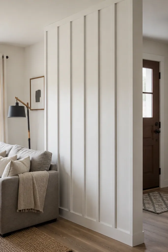 Matte white board-and-batten divider panel leaning behind a couch