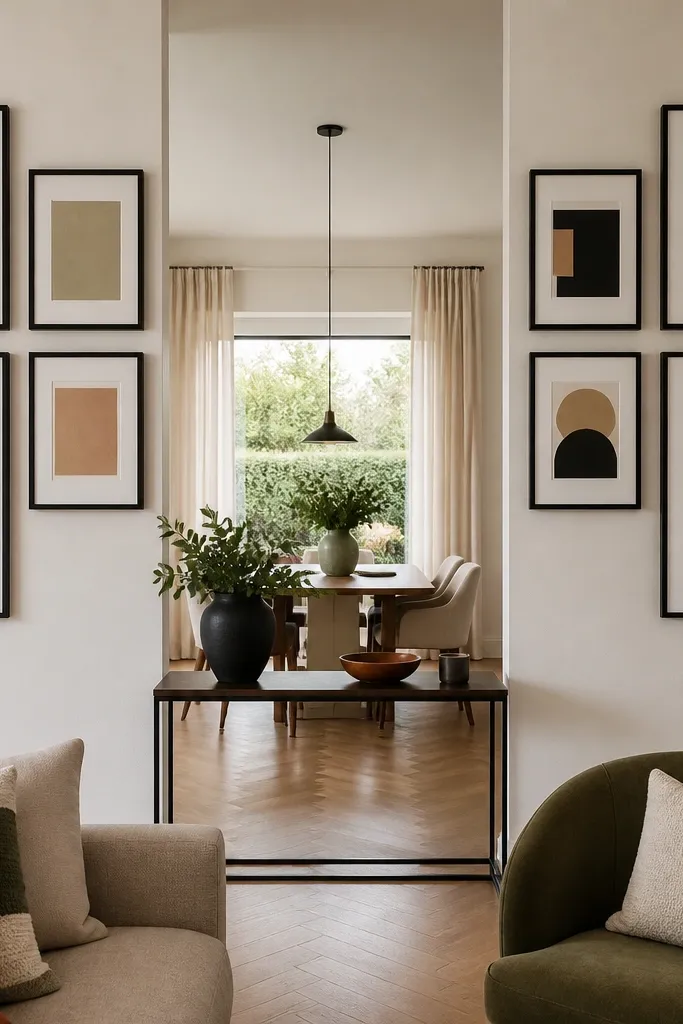 Two coordinated frame groups forming a divider between sofa and dining area
