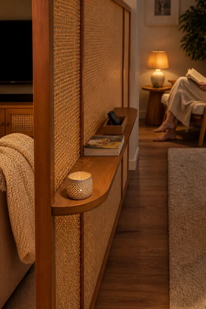 Rattan room divider with a small shelf ledge for books and decor