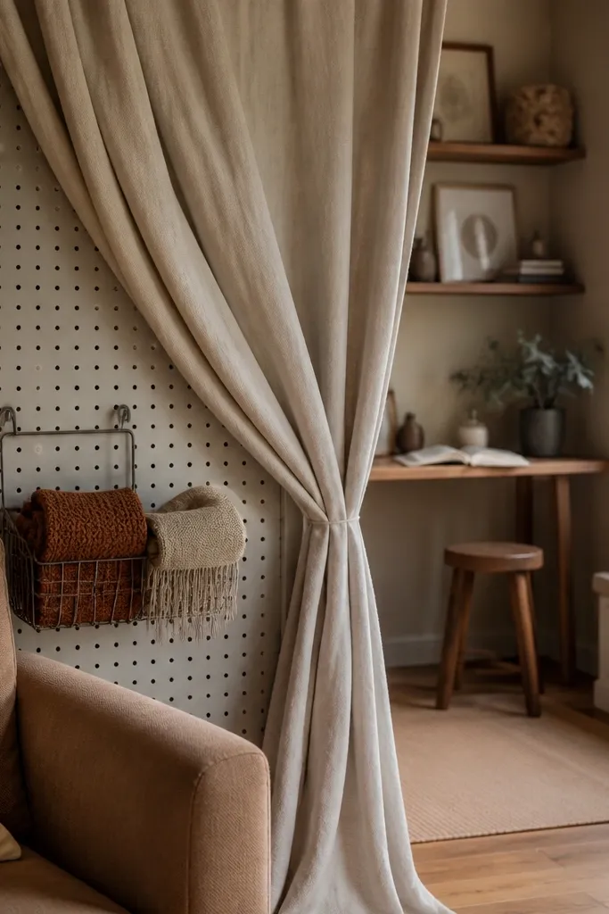 Pegboard panel covered with a soft fabric panel for partial privacy