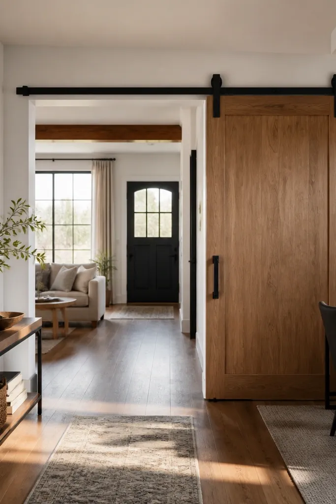 Dark sliding barn door divider on a track separating living room zones