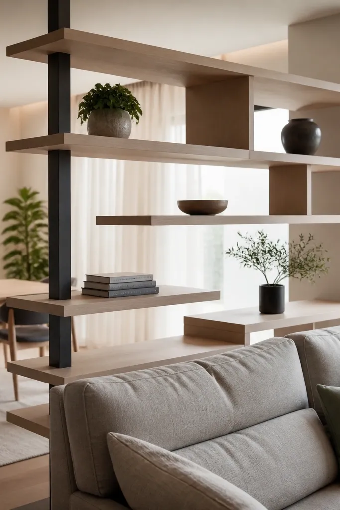 Staggered floating shelves forming a divider between two seating areas