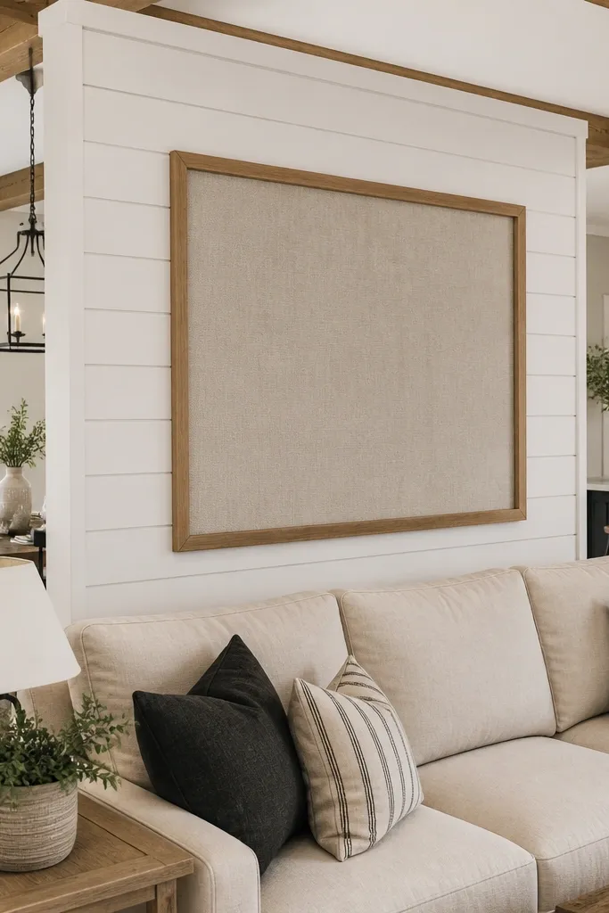 Shiplap divider with a framed fabric panel in warm neutral tones