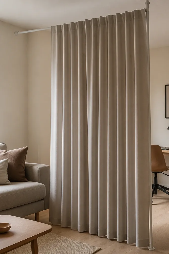 Vertical fabric panels hanging from tension rods creating a soft wall divider