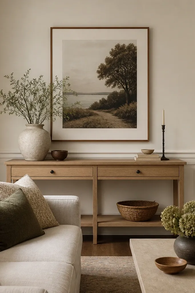 A living room wall painted a creamy linen white, with warm white baseboards and chair rail trim. A light oak console sits beneath a large framed print; the sofa is oatmeal fabric.