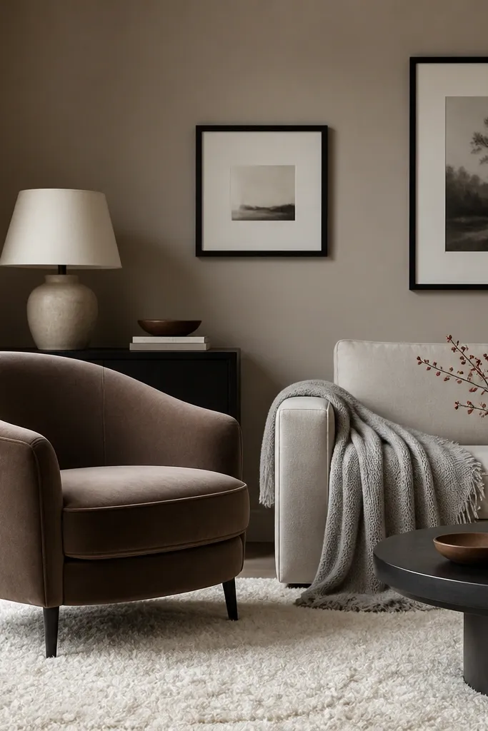 A taupe-greige wall with neutral furniture: a taupe velvet armchair and a cream rug. The room has black picture frames and a light gray sofa throw.