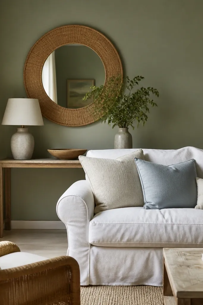 Sage green walls with a white slipcovered sofa. A rattan mirror hangs above a console, and the throw pillows are oatmeal and faded blue.