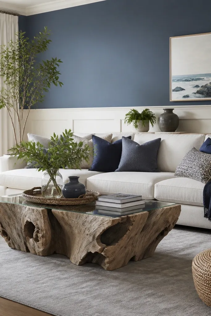 A blue-gray accent wall with white wainscoting. The living room has navy cushions, a light gray rug, and a driftwood-style coffee table.