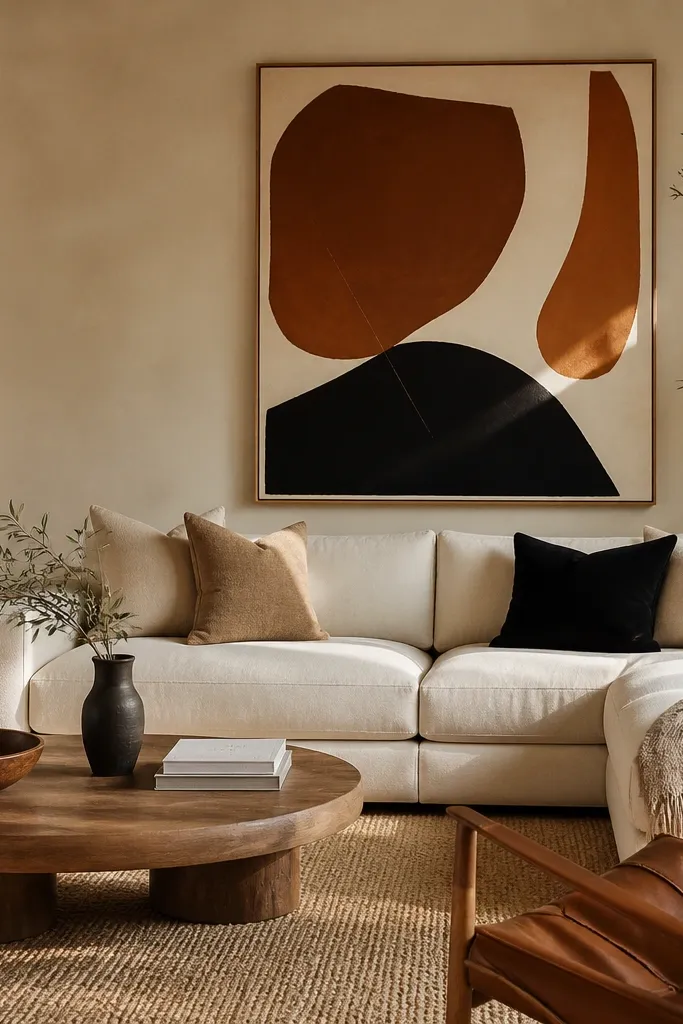 Warm sand colored walls with a cream sofa and a textured jute rug. There are tan leather accents and a large abstract art print in rust and black.