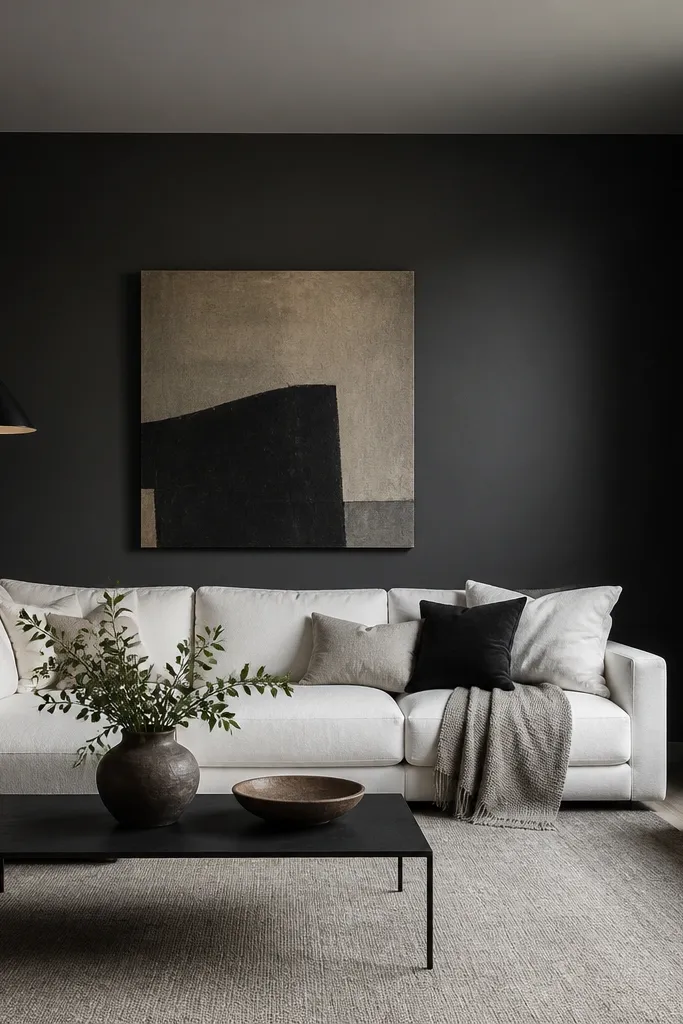 Charcoal painted walls with a lighter gray ceiling. The room has a white sectional, a black metal floor lamp, and a pale oak media console.