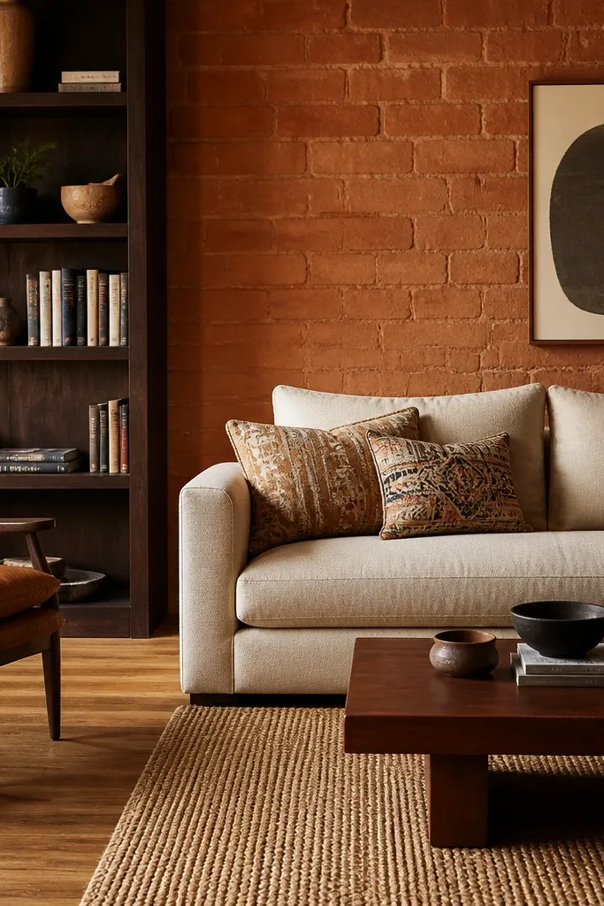 Brick clay terracotta walls with a cream sofa and patterned throw pillows. A dark walnut bookshelf stands against the wall, and the floor is medium oak.