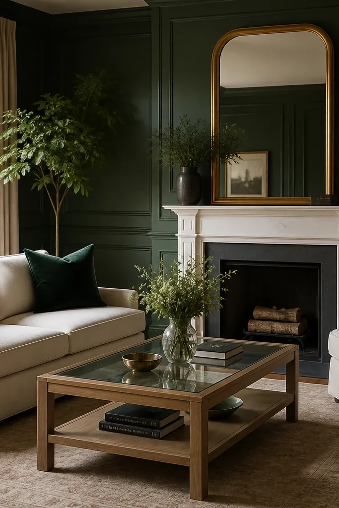 Deep forest green walls with a white mantel, gold-framed mirror, and dark green velvet pillows. The coffee table is light oak with a glass top.