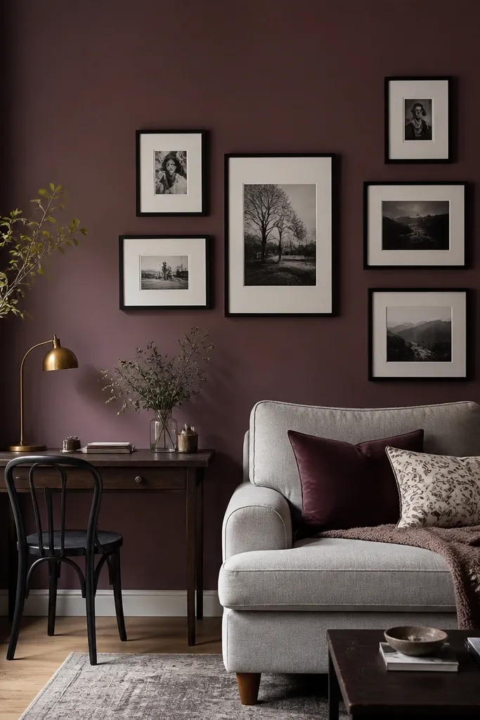 Muted plum walls in a living room reading nook. A light gray sofa sits beside a small desk, and the wall has a gallery of black frames.