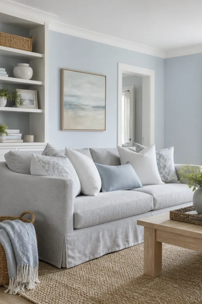 Soft powder blue walls with white-washed cabinets and a light gray slipcovered sofa. The room has a woven basket and a pale wood coffee table.