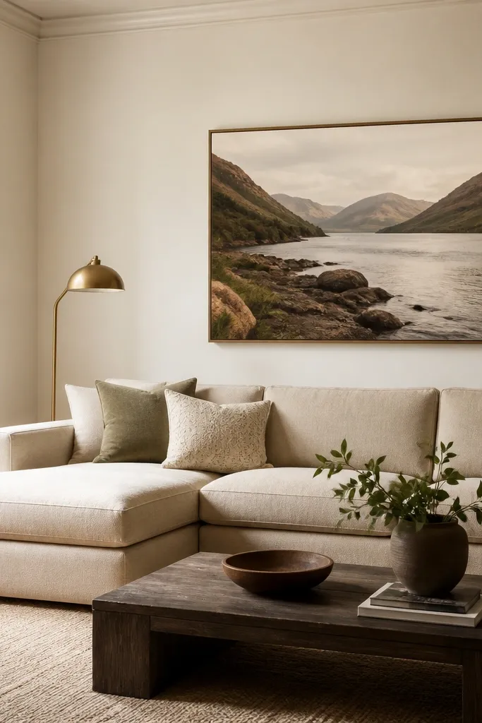 Creamy off-white walls with warm white trim. A beige sectional, brass lamp, and a large landscape photo hang on the wall.