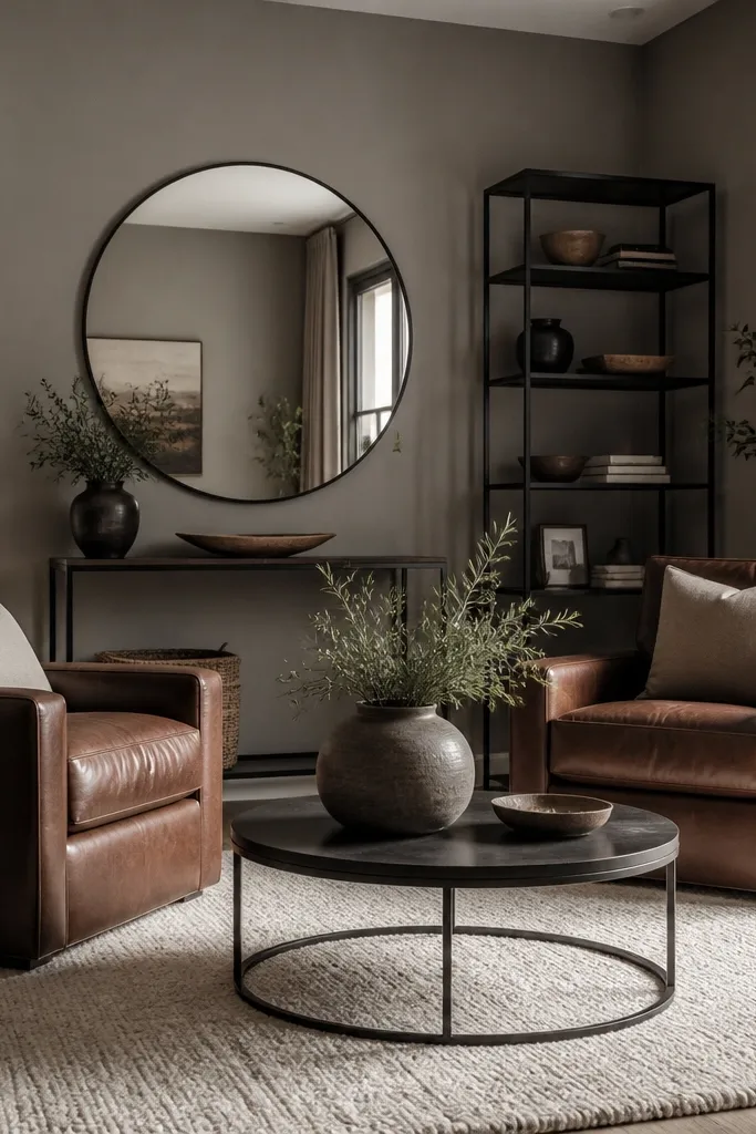Warm gray walls with mocha-brown leather chairs and a cream rug. There are black metal shelves and a large round mirror.