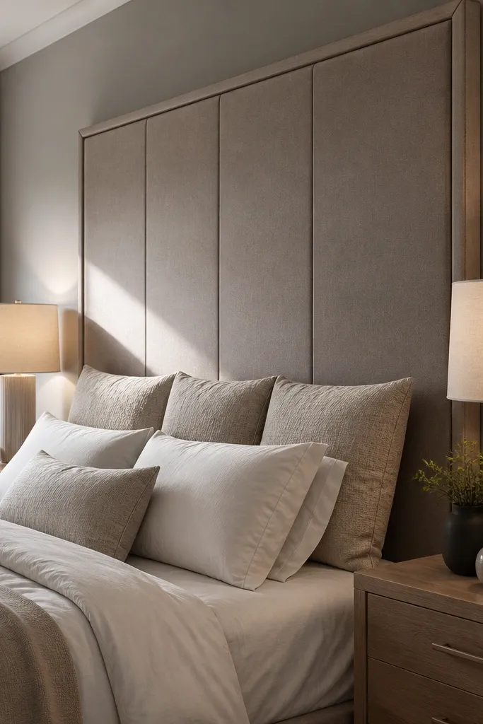 Bed with taupe headboard wall, two matching lamps, warm light glow