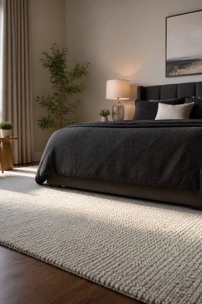Large cream rug under bed with front legs visible and clean edges