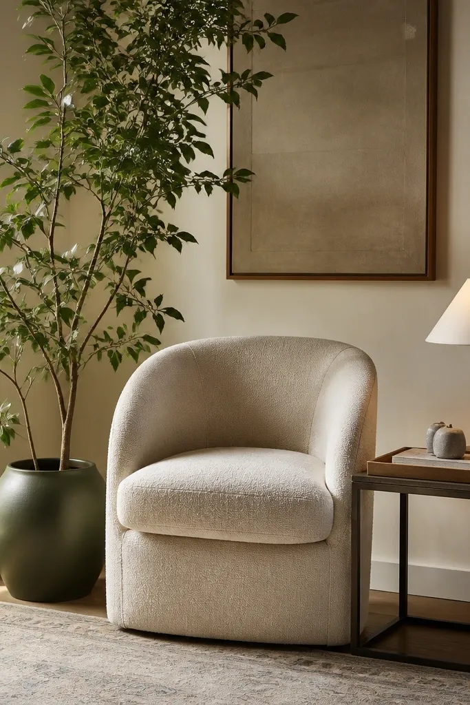 Armchair in corner, tall plant beside it, small floor lamp nearby