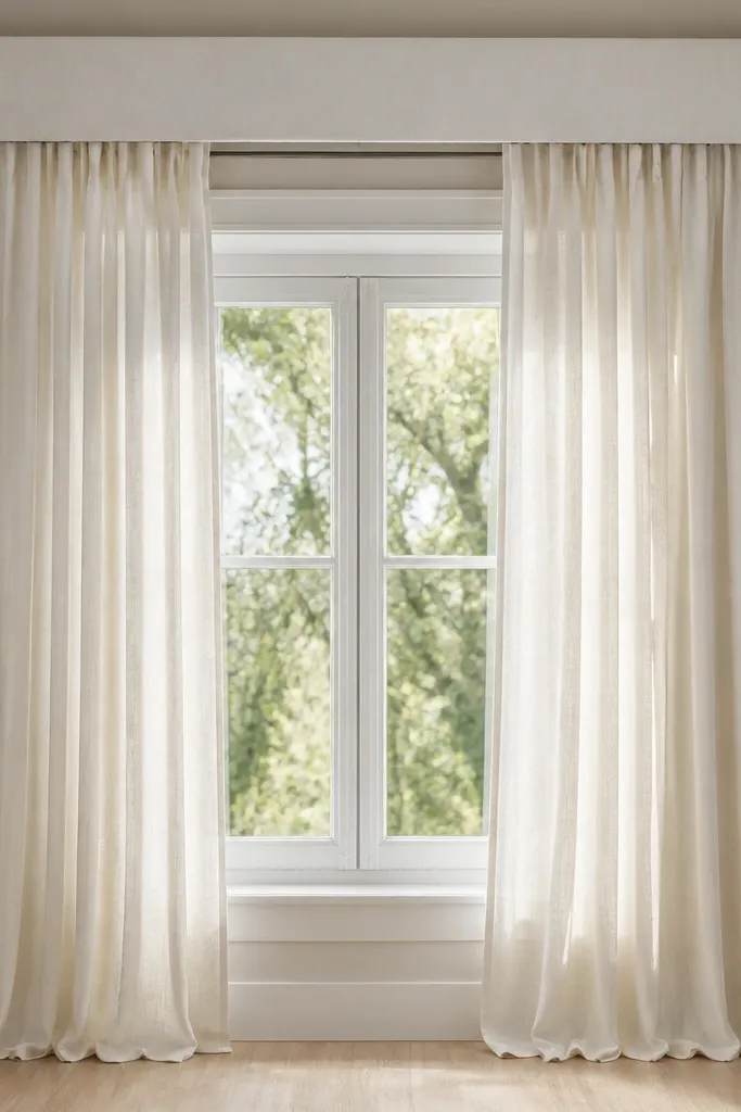 Window with long curtains and a soft valance above, warm daylight feel