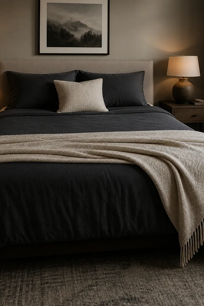 Dark duvet with a light throw folded at the foot of the bed