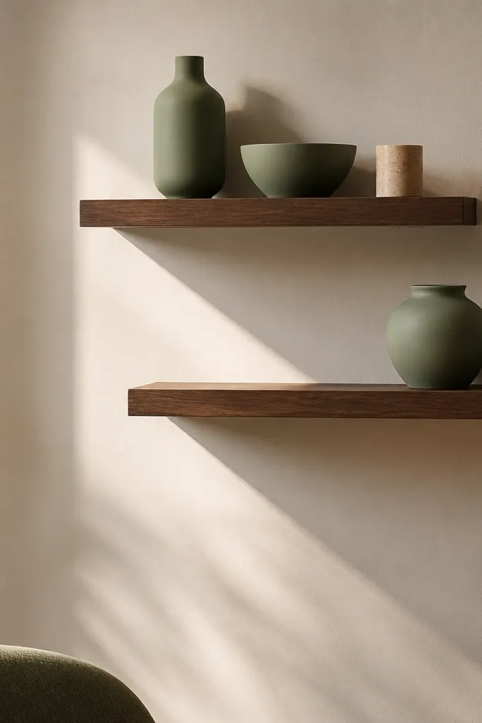 Slim shelves on wall with a few matching decor items in one color
