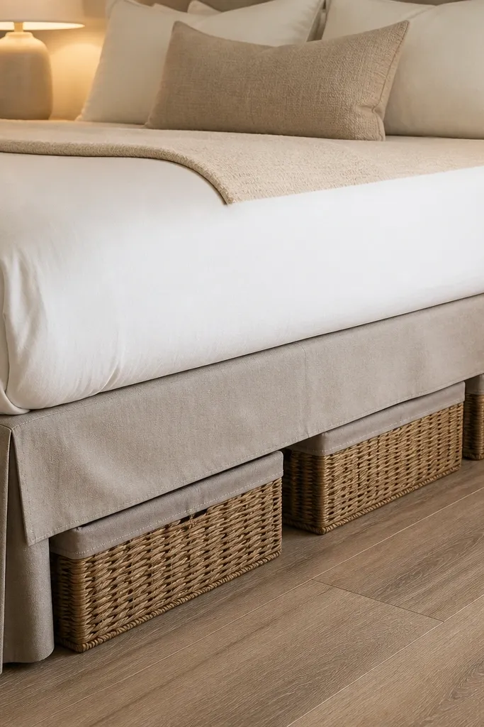 Bed with skirt, matching baskets under it, tidy floor lines