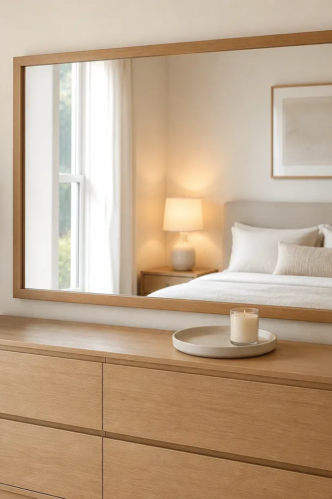 Large mirror above dresser with simple decor and soft warm lighting