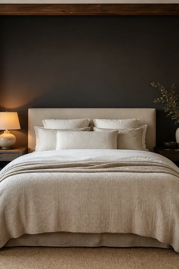 Charcoal wall behind bed with light pillows and warm lamps