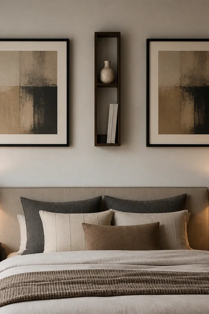 Two framed pictures above a small shelf beside the bed