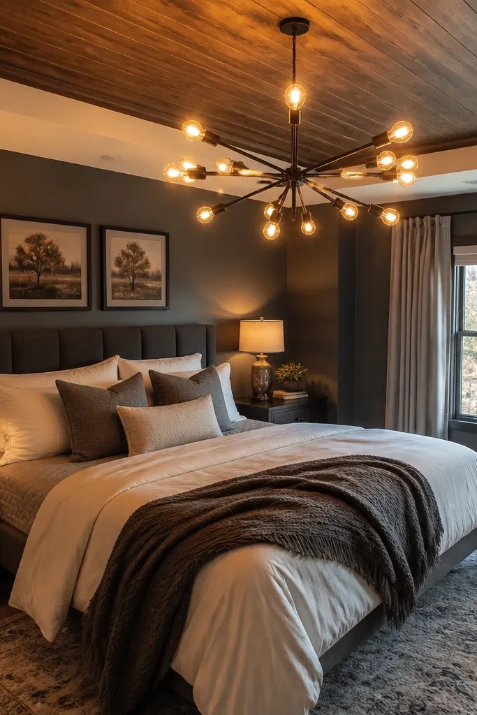 Small chandelier centered above bed with warm lighting glow