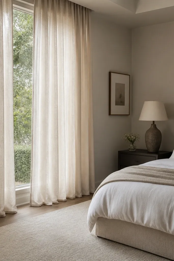 Floor-length linen curtains and a neutral rug with soft folds