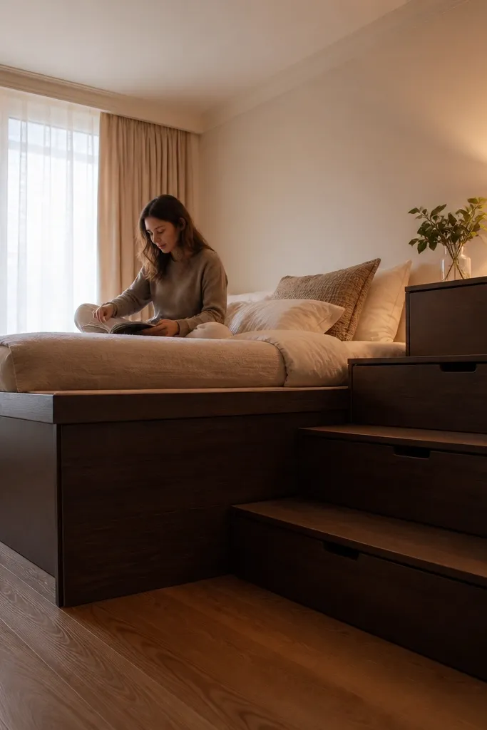 Platform bed with storage stairs next to it and clean bedding