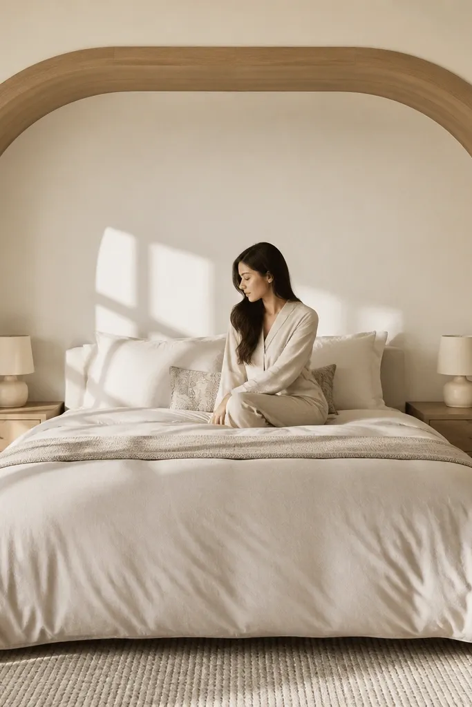 Arched bed niche with two matching nightstands and warm wall sconces