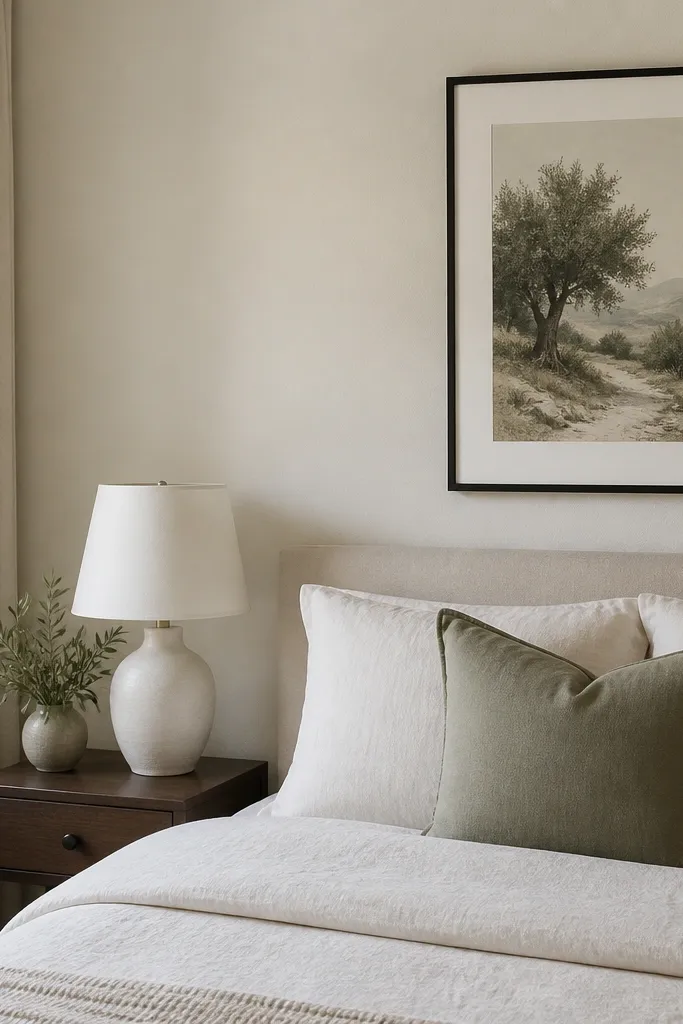 A small bedroom wall painted warm off-white with a bed in light linen, a matte sage throw pillow, and a simple framed print in a slim black frame. A small bedside table holds a white ceramic lamp and a closed drawer.