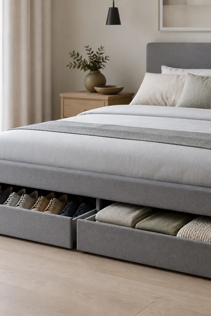 A low platform bed with two large under-bed drawers in light gray fabric with solid fronts. Shoes are inside, folded blankets are stacked, and no items are visible around the bed base.
