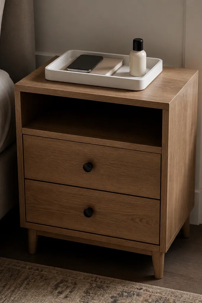 A small nightstand with two drawers and a single open top. On the top is a white ceramic tray holding a phone, a slim book, and a small lotion bottle. The tray has raised edges.