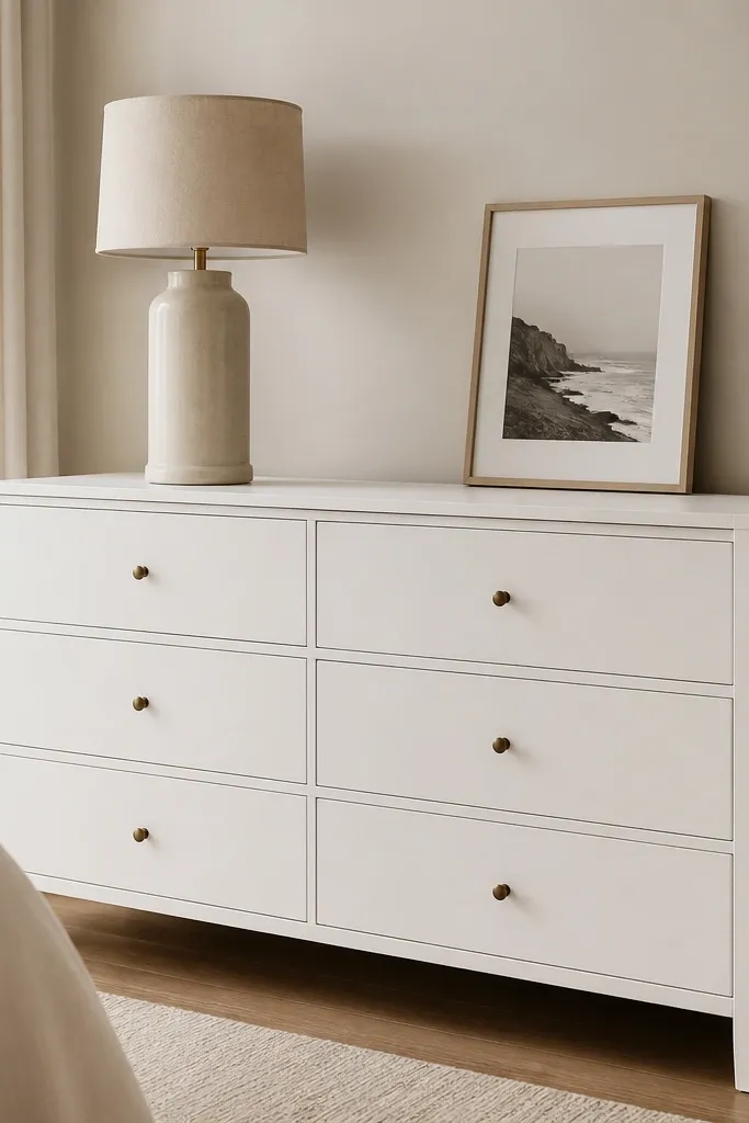 A dresser with smooth matte paint in soft white. The top has only a tall lamp with a linen shade and a single framed photo leaning against the wall. No extra decor items are visible.