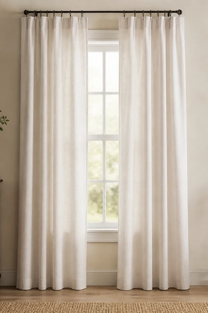 A small window with floor-length curtains in a light off-white linen blend. The top has a simple rod and rings. The fabric hangs straight with soft folds and no pooling on the floor.