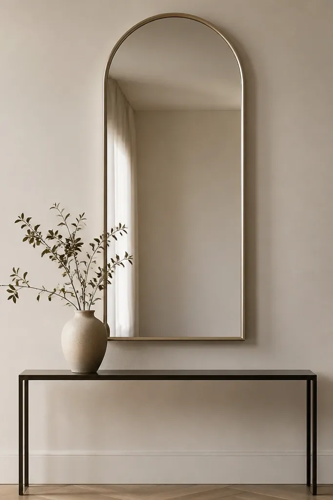 A tall arched mirror in a simple brushed frame on a blank wall. A narrow console table under it is minimal with one vase and nothing else.