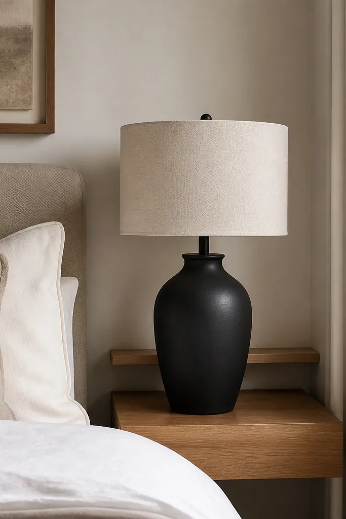 A bedside lamp with a matte black base and a light linen drum shade. The cord is hidden by a cord cover along the wall and a small outlet shelf behind.