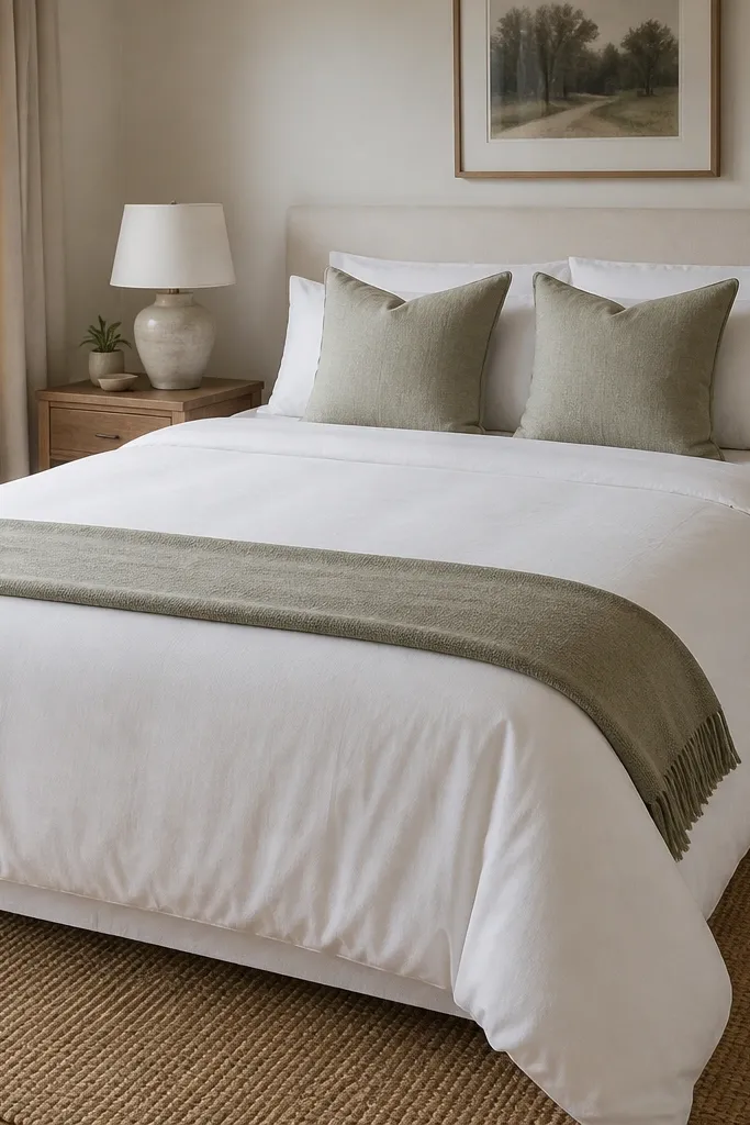 A neatly made bed with a white duvet, a single folded throw at the foot, and two matching pillows. The duvet is tucked on the sides, and the fitted sheet is fully covered.