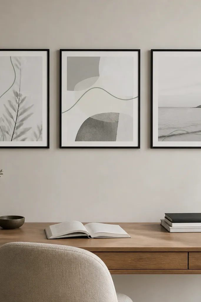 A small grid of three frames above a desk, all in the same thin black finish. The prints are mostly white and light gray with one sage accent line.