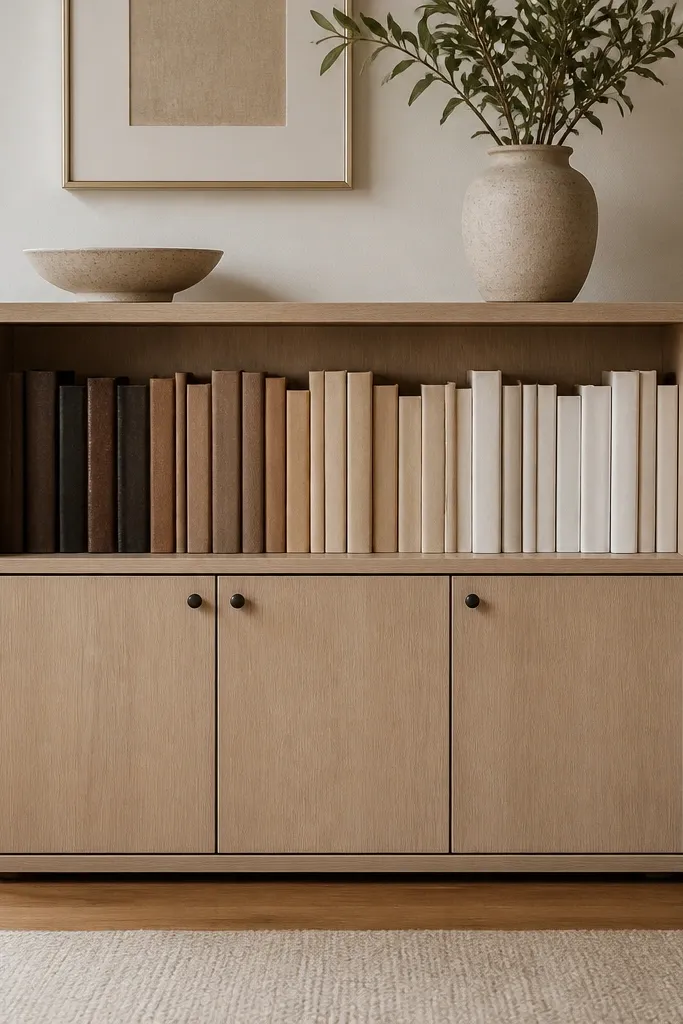 A small shelf unit where books are lined upright and color-coordinated in neutral tones. All bins and baskets are behind a door or in closed cubes below.