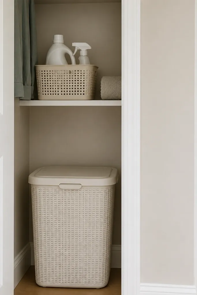 A small laundry corner in a closet: a closed hamper with a lid sits inside, and a small wipeable plastic basket holds detergent and stain spray on a shelf.